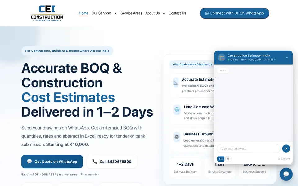 Construction Estimator India website home page