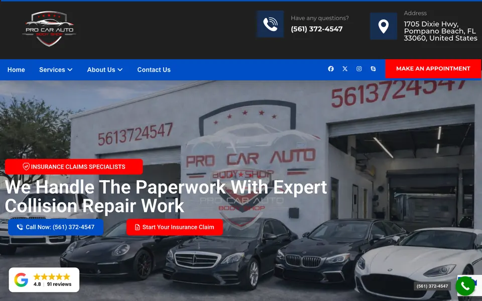 Pro Car Auto Body Shop website home page