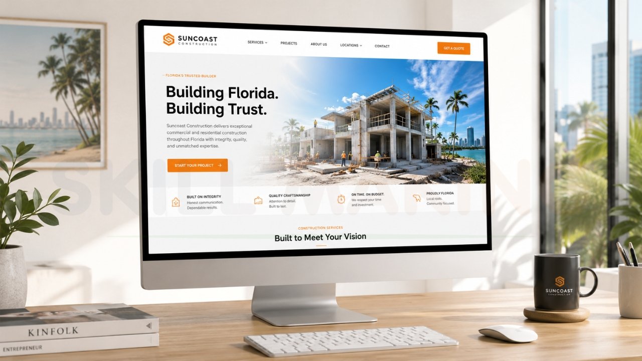 Modern construction company website design on desktop