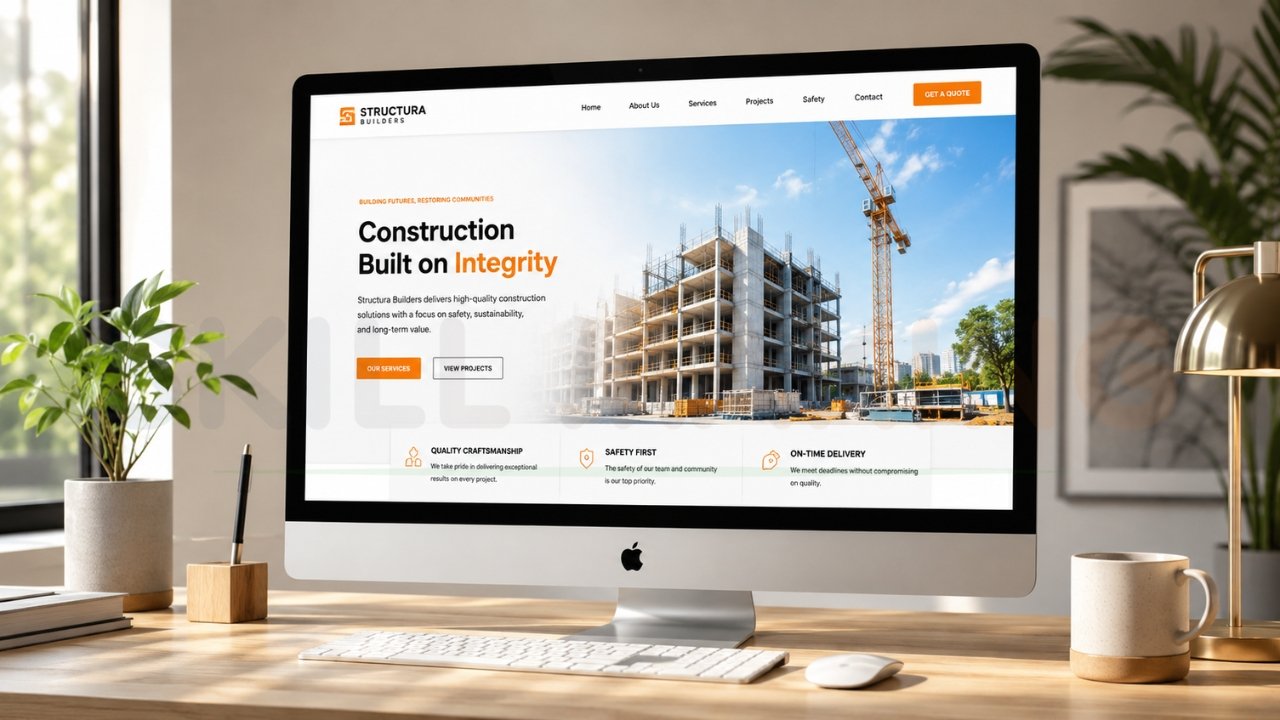 Construction website homepage design on desktop screen