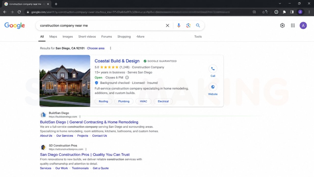 Google search results for construction company near me