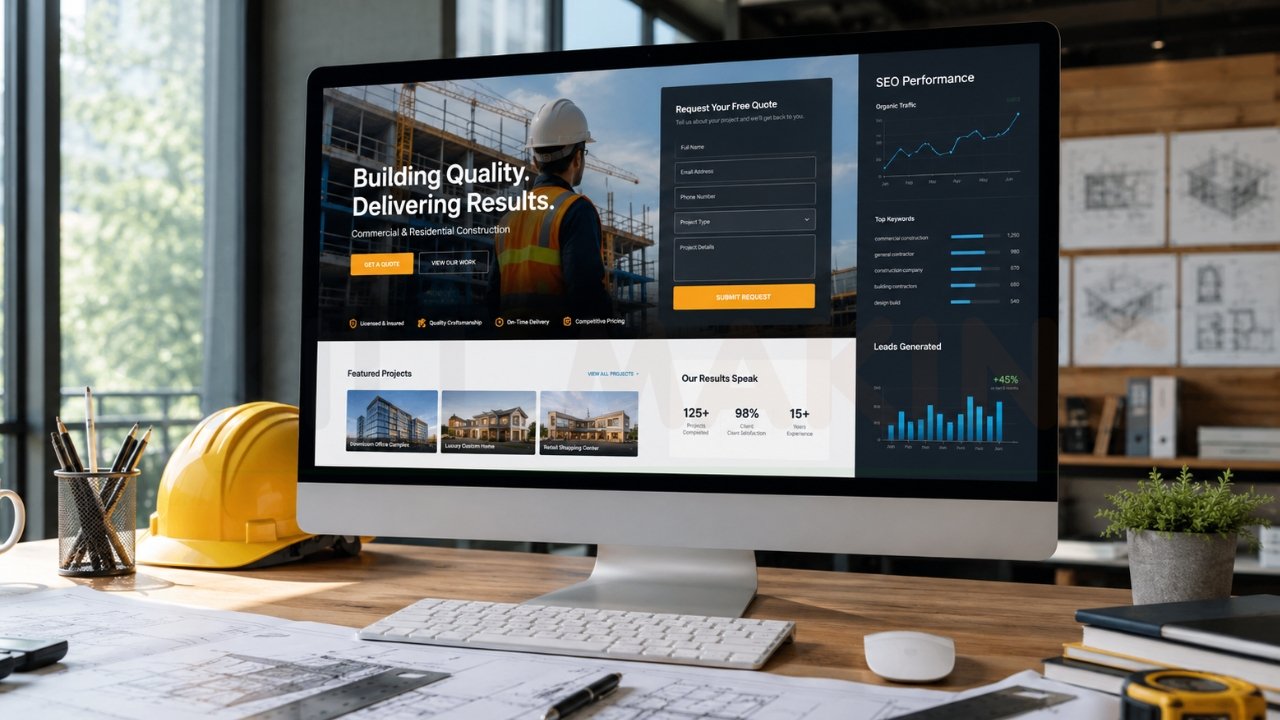 Construction business website design on desktop screen