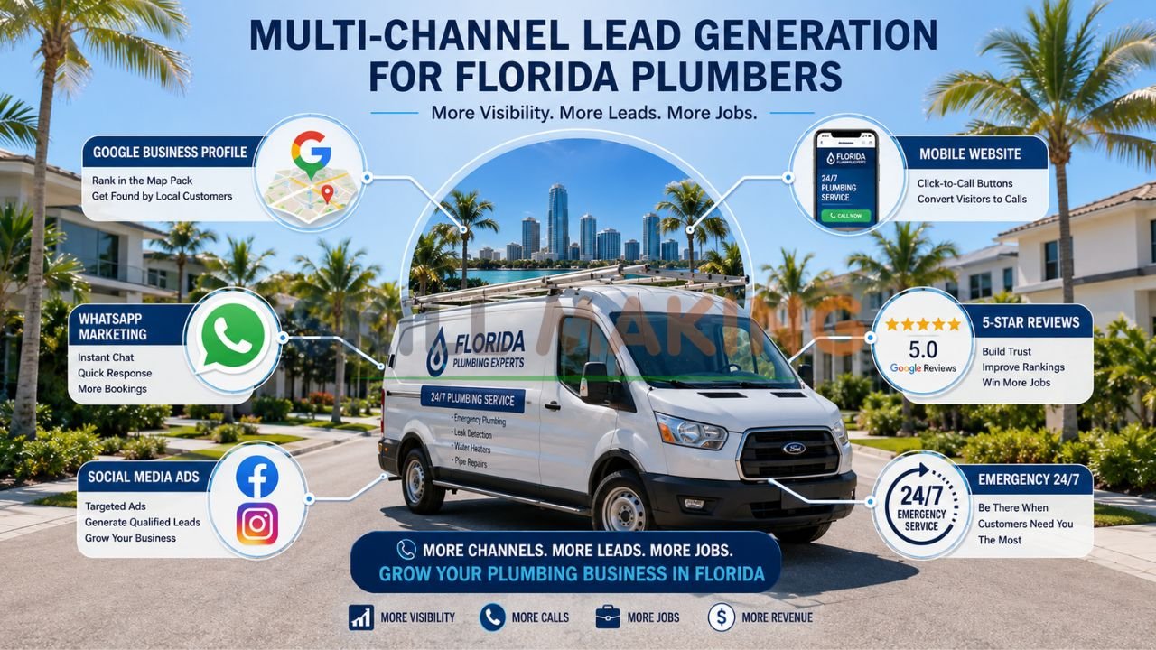Florida plumbing lead generation channels including Google, website, WhatsApp, reviews and social media
