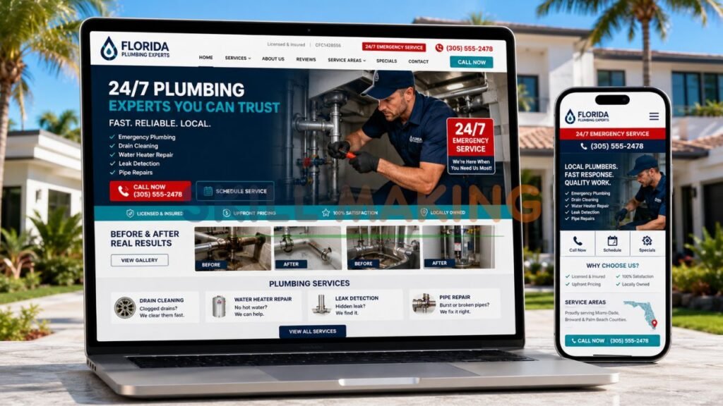 Professional plumbing contractor website mockup optimized for Florida leads and emergency service
