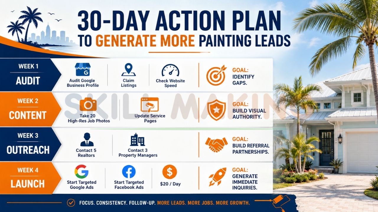 30 day marketing action plan for Florida painting contractors to generate more painting leads through SEO content outreach and advertising