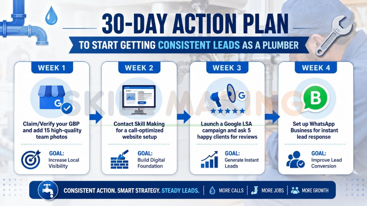 30 day plumbing marketing plan showing Google Business Profile setup website optimization Google Local Services Ads and WhatsApp lead generation