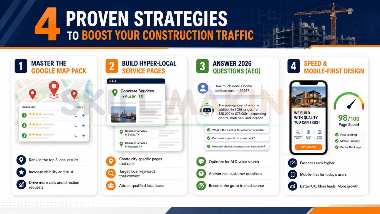 Infographic showing four proven SEO strategies to increase construction website traffic including Google Map Pack optimization, hyper-local service pages, AEO content, and mobile-first website speed