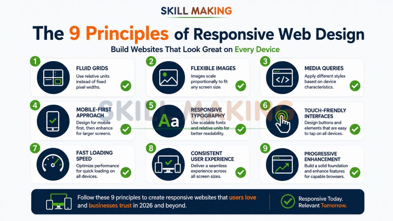 Infographic showing the 9 core principles of responsive web design with Skill Making colors