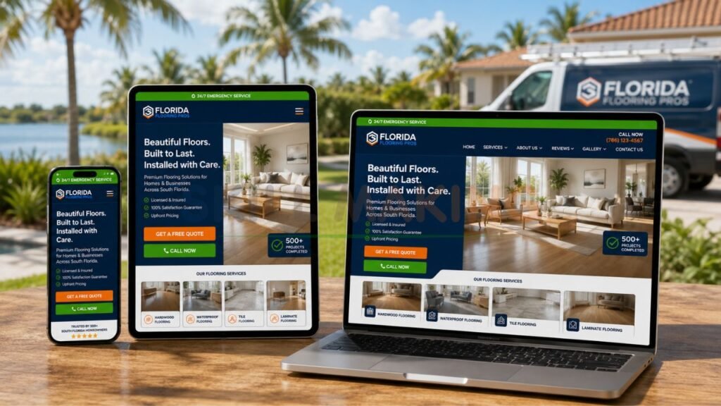 Same professional website adapting perfectly across smartphone, tablet, and laptop in Skill Making colors