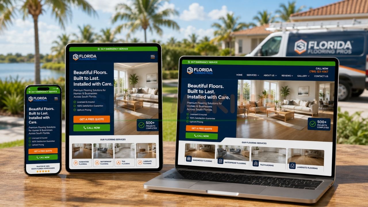 Same professional website adapting perfectly across smartphone, tablet, and laptop in Skill Making colors