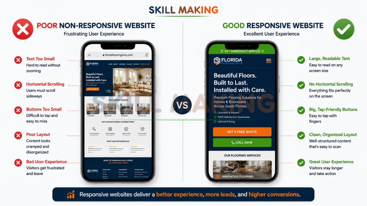 Side-by-side comparison of responsive website versus non-responsive website using Skill Making colors