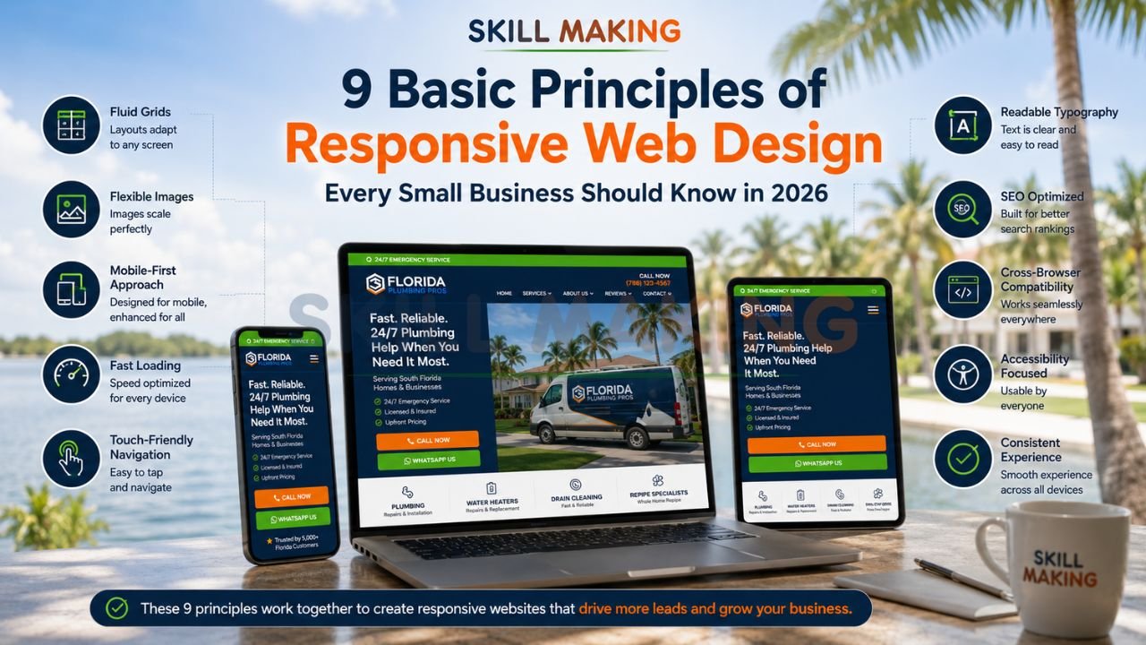 Responsive web design principles displayed across multiple devices with Skill Making brand colors