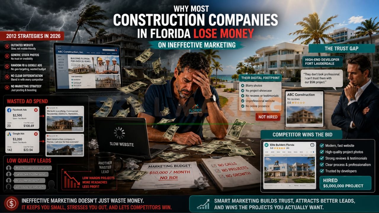 Florida construction company wasting money on ineffective marketing with wasted ad spend, trust gap, and low-margin leads
