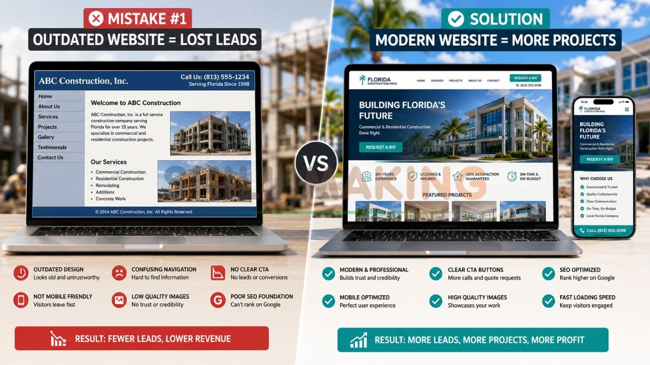 Comparison of outdated construction company website versus modern high-converting website in Florida