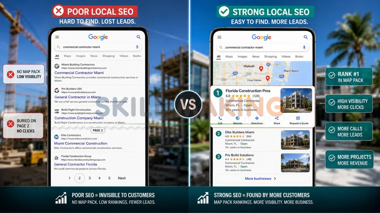 Google search results showing construction company struggling vs ranking high in Florida Map Pack