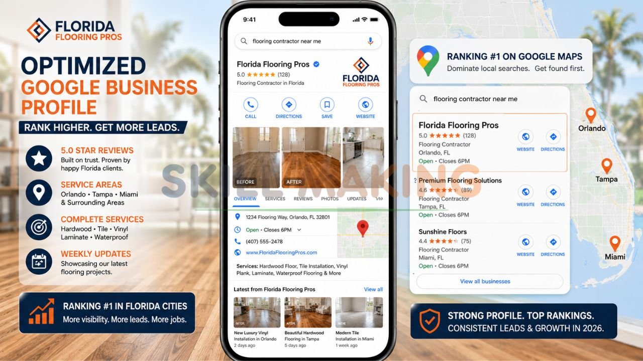 Google Business Profile and Map Pack showing flooring contractor ranking high in Florida