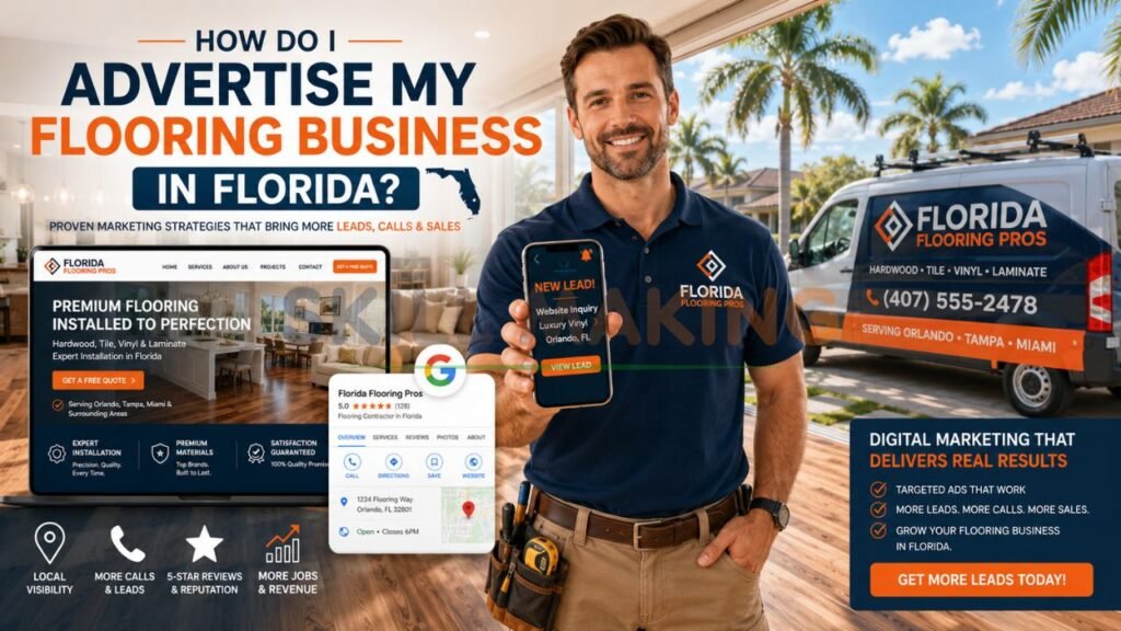 Professional Florida flooring contractor advertising with branded van and modern installed floor