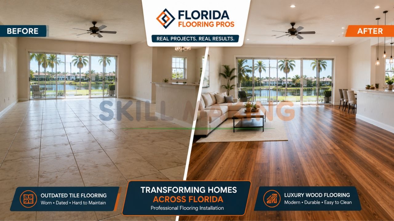Before and after luxury flooring installation project in Florida home by professional contractor