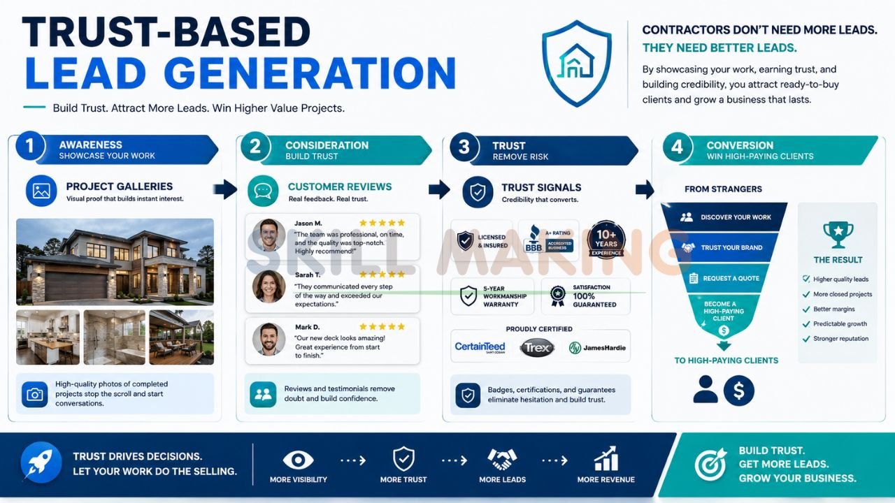 Trust-based contractor lead generation infographic showing how reviews, project galleries, and trust signals convert leads into clients.