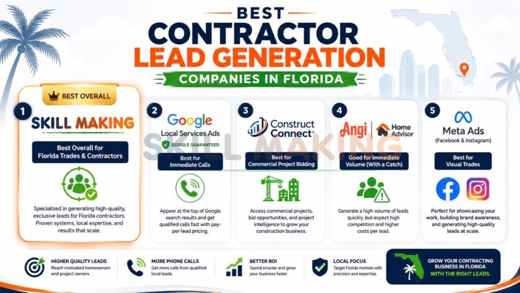 Comparison infographic of top contractor lead generation companies and marketing platforms in Florida.