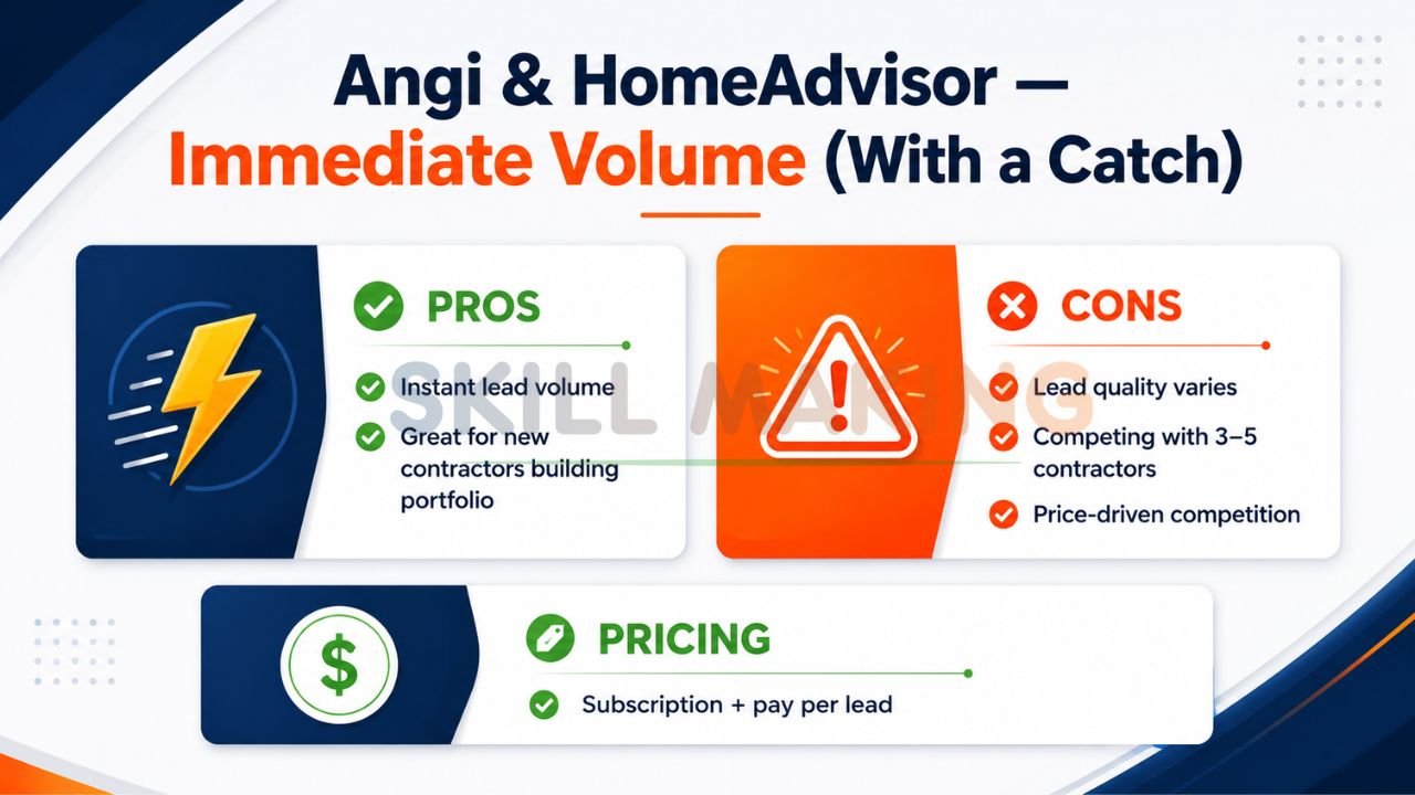 Infographic comparing the advantages and disadvantages of using Angi and HomeAdvisor for contractor lead generation.