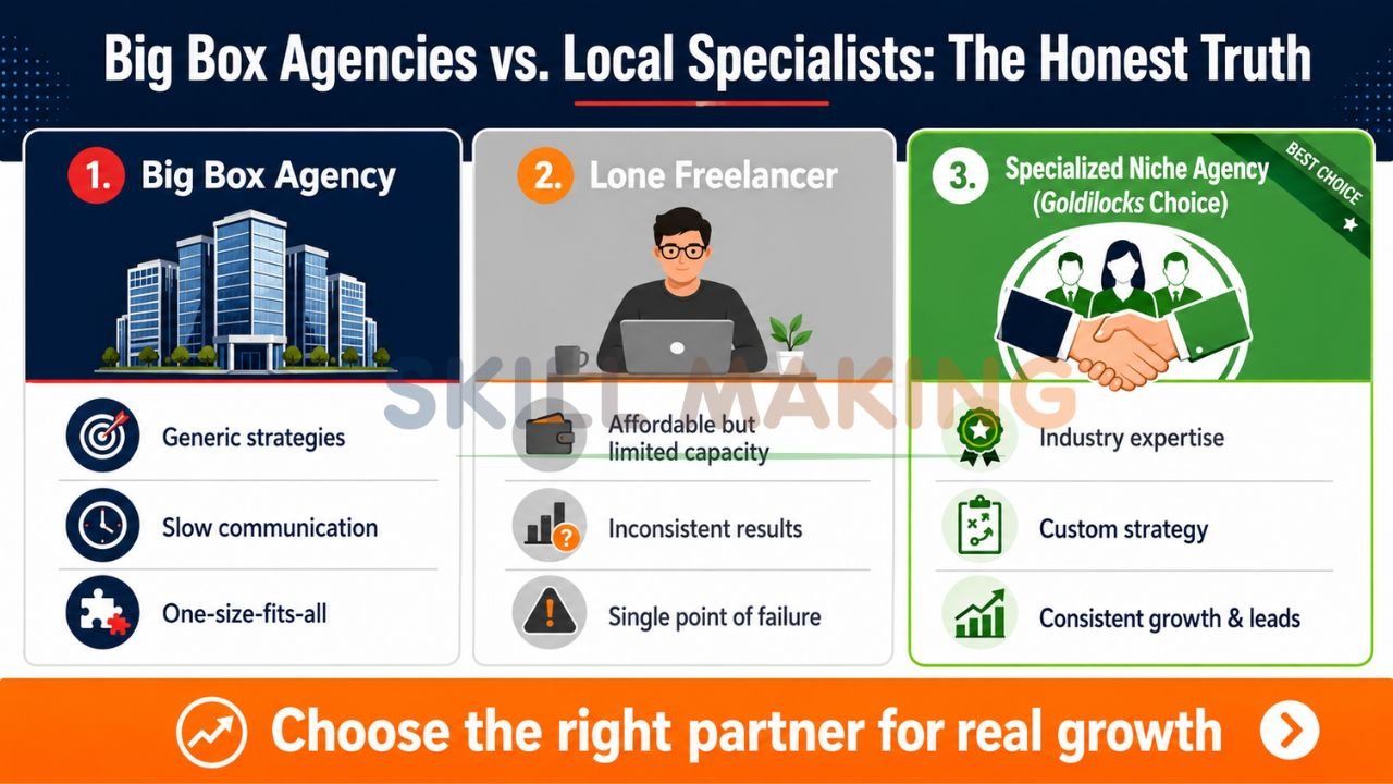 Comparison between big marketing agencies, freelancers, and niche local agencies