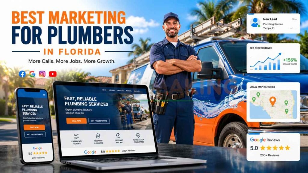 Florida plumber standing beside branded service van with website design, Google reviews, SEO analytics, and local map ranking marketing visuals.
