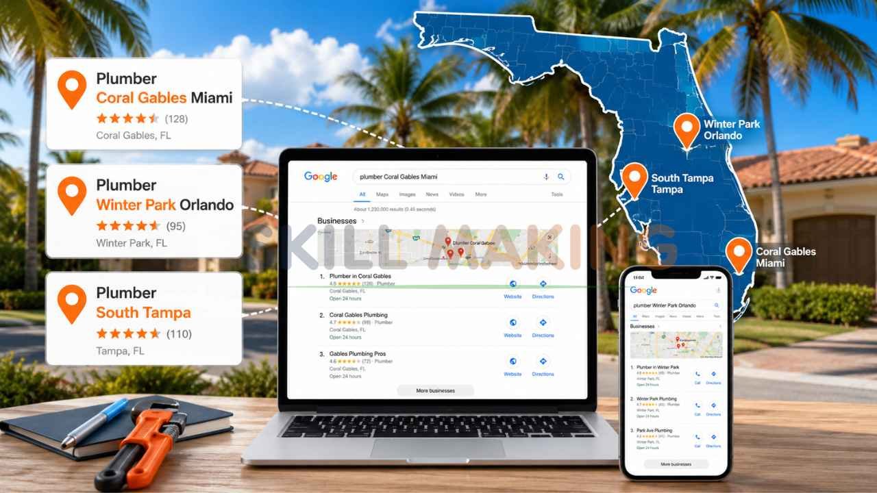 Laptop and smartphone showing Google Maps plumber search rankings in Florida with Coral Gables Miami, Winter Park Orlando, and South Tampa local SEO results.
