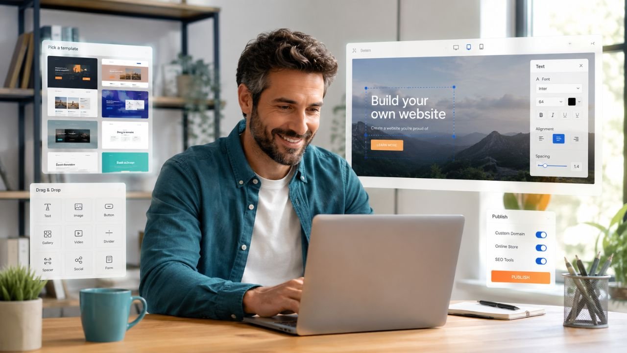 beginner using easy drag and drop free website builder to create modern website on laptop