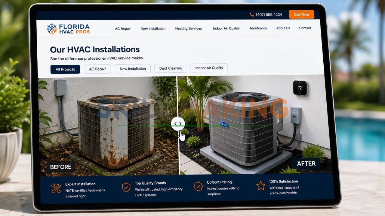 Before and after HVAC system installation photos on Florida contractor website portfolio