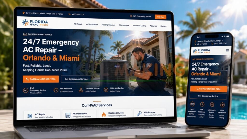 Professional HVAC contractor website mockup for Florida on laptop and mobile phone with emergency AC repair theme