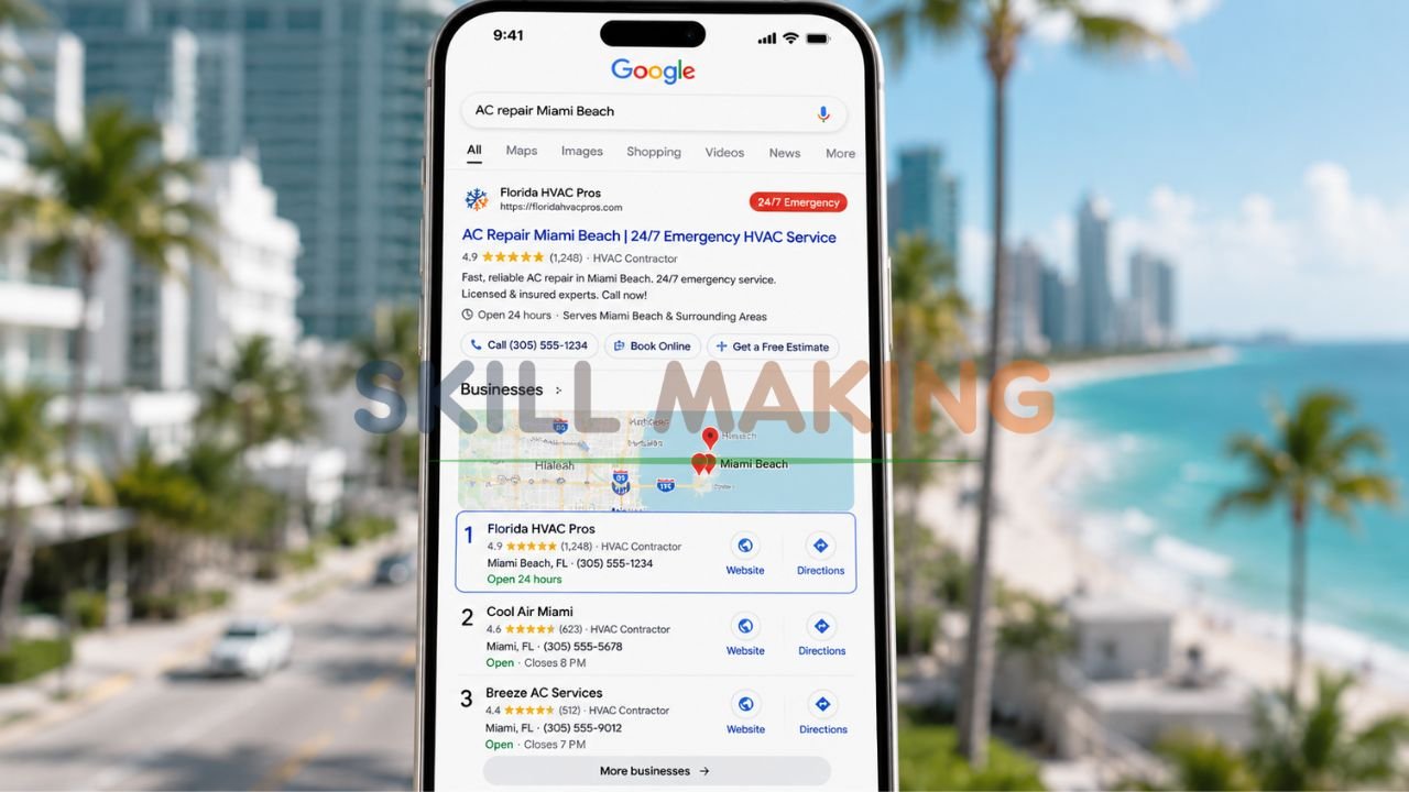 Google search results showing #1 ranking for AC repair Miami on HVAC contractor website