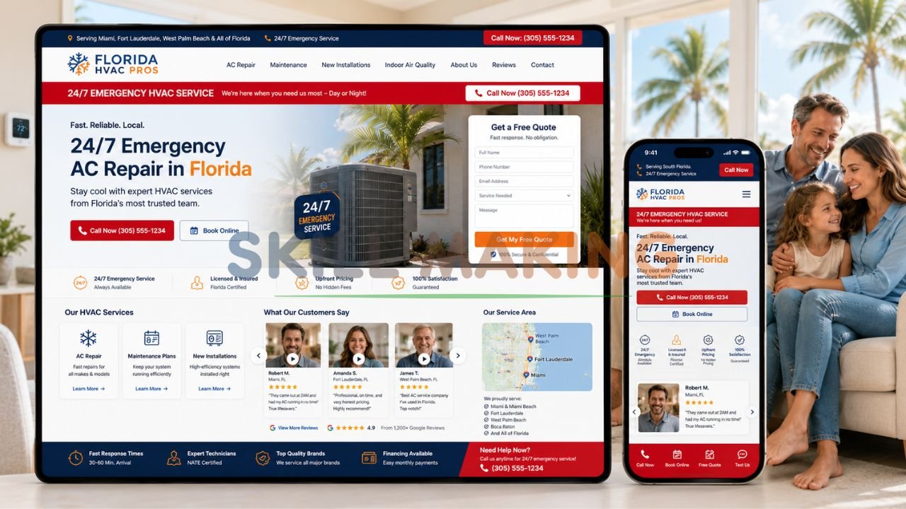 Full-featured HVAC contractor website for Florida showing 24/7 emergency service, testimonials and quote form