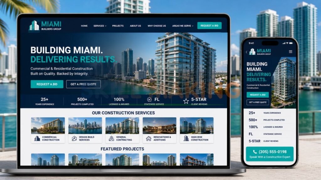 Modern professional construction company website mockup optimized for Miami lead generation