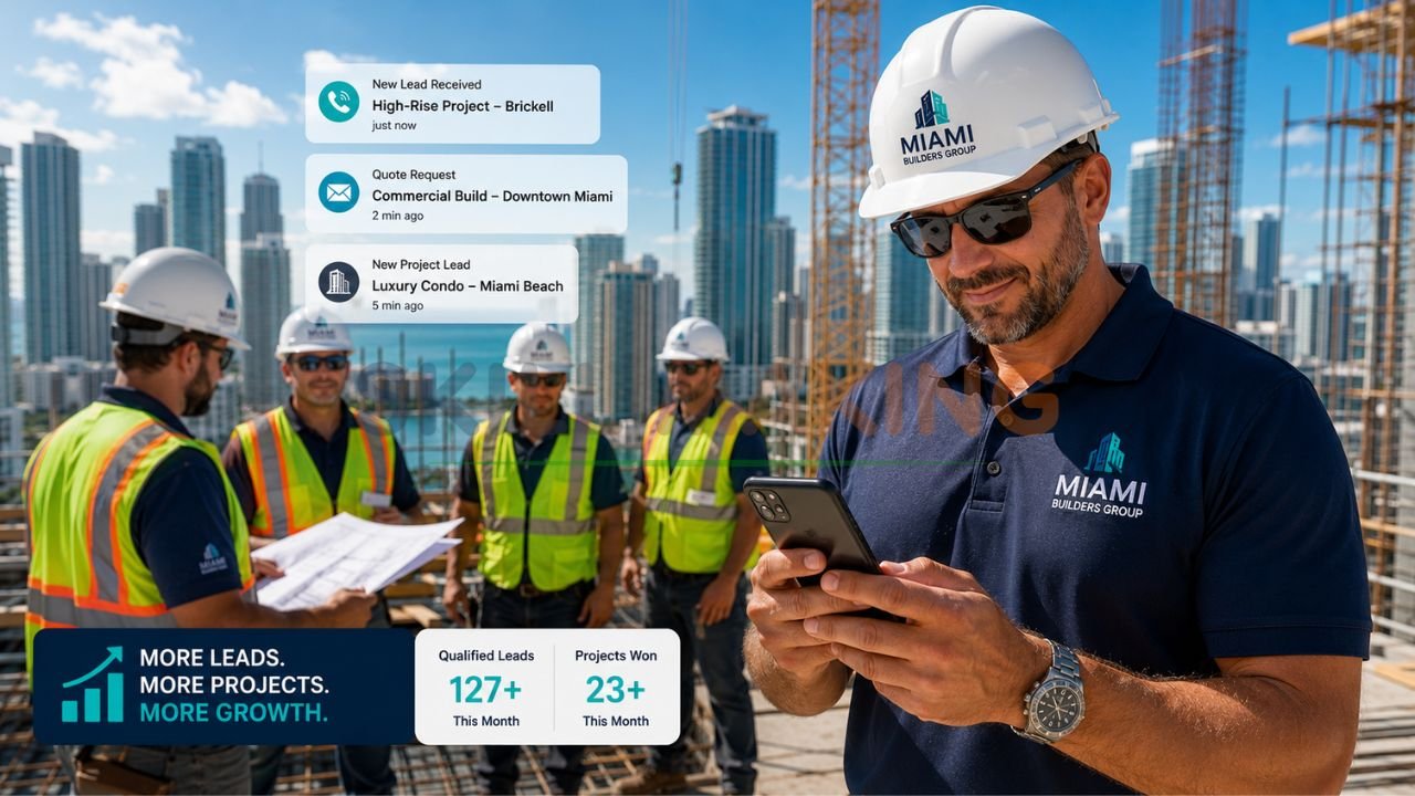 Google search results and Map Pack showing construction company ranking high in Miami Florida