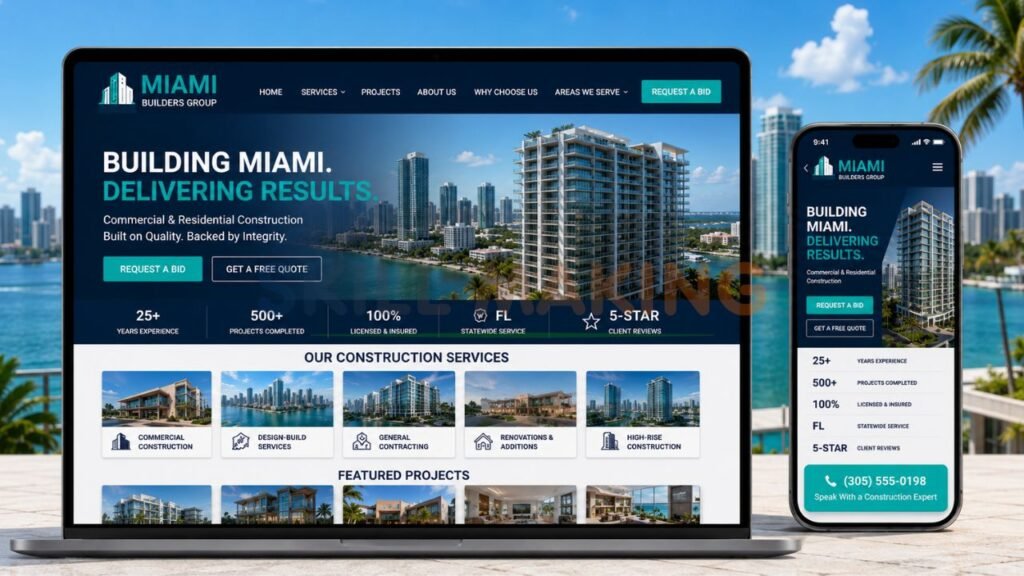 Modern professional construction company website mockup optimized for Miami lead generation