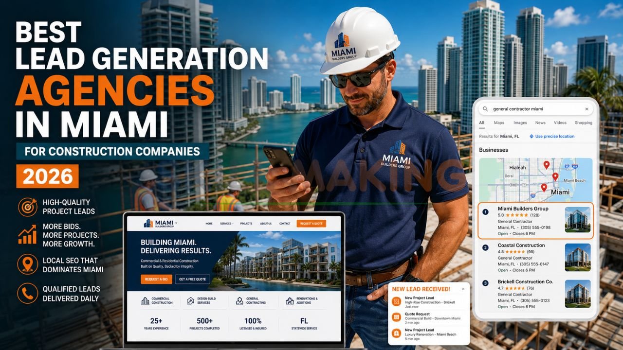 Miami construction contractor receiving qualified leads with Brickell skyline and digital marketing elements
