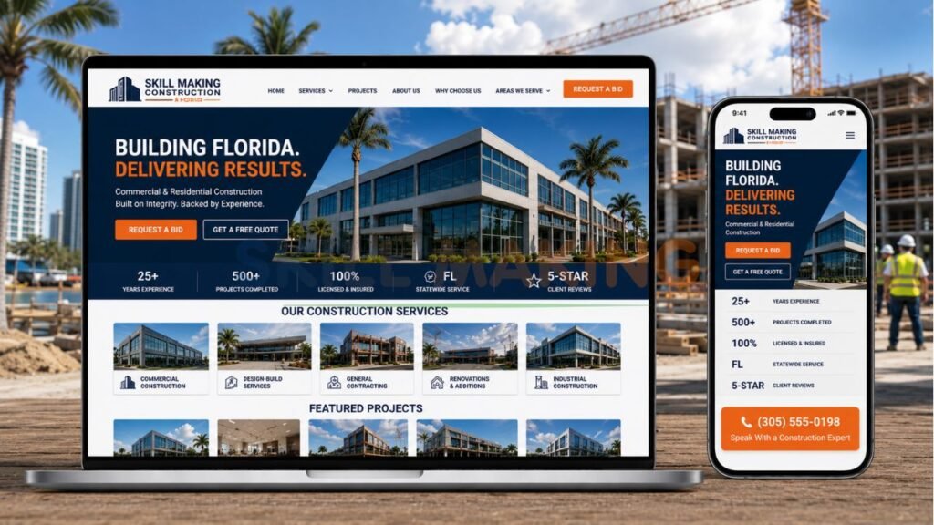 Modern professional construction company website mockup optimized for Florida lead generation