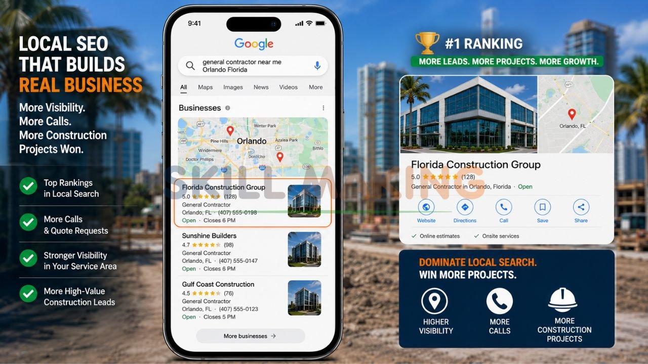 Google search results and Map Pack showing construction contractor ranking high in Florida cities like Miami or Tampa