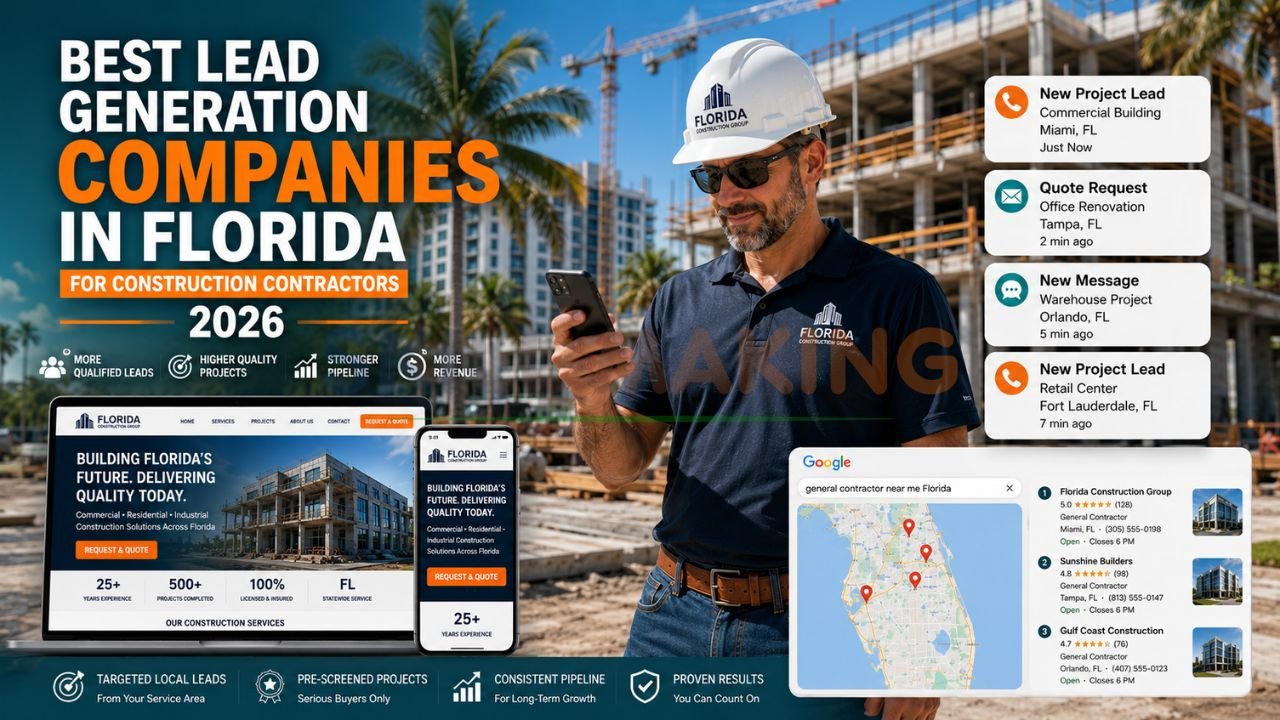 Florida construction contractor receiving qualified leads with modern job site and digital marketing elements