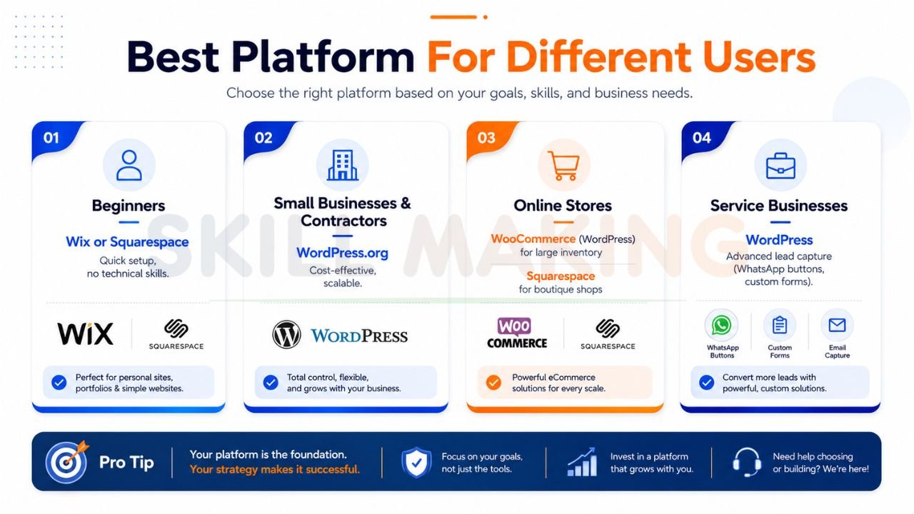 Infographic comparing the best website platforms for beginners, contractors, online stores, and service businesses using Wix, Squarespace, WordPress, and WooCommerce