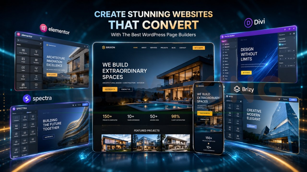 Comparison of top WordPress page builder plugins including Elementor, Divi, Spectra, and Brizy for creating high-converting websites
