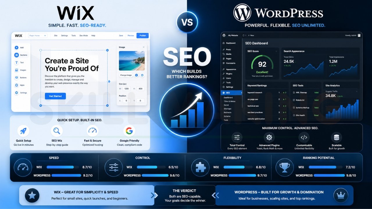 Wix vs WordPress SEO comparison infographic showing website performance, flexibility, control, and ranking potential differences