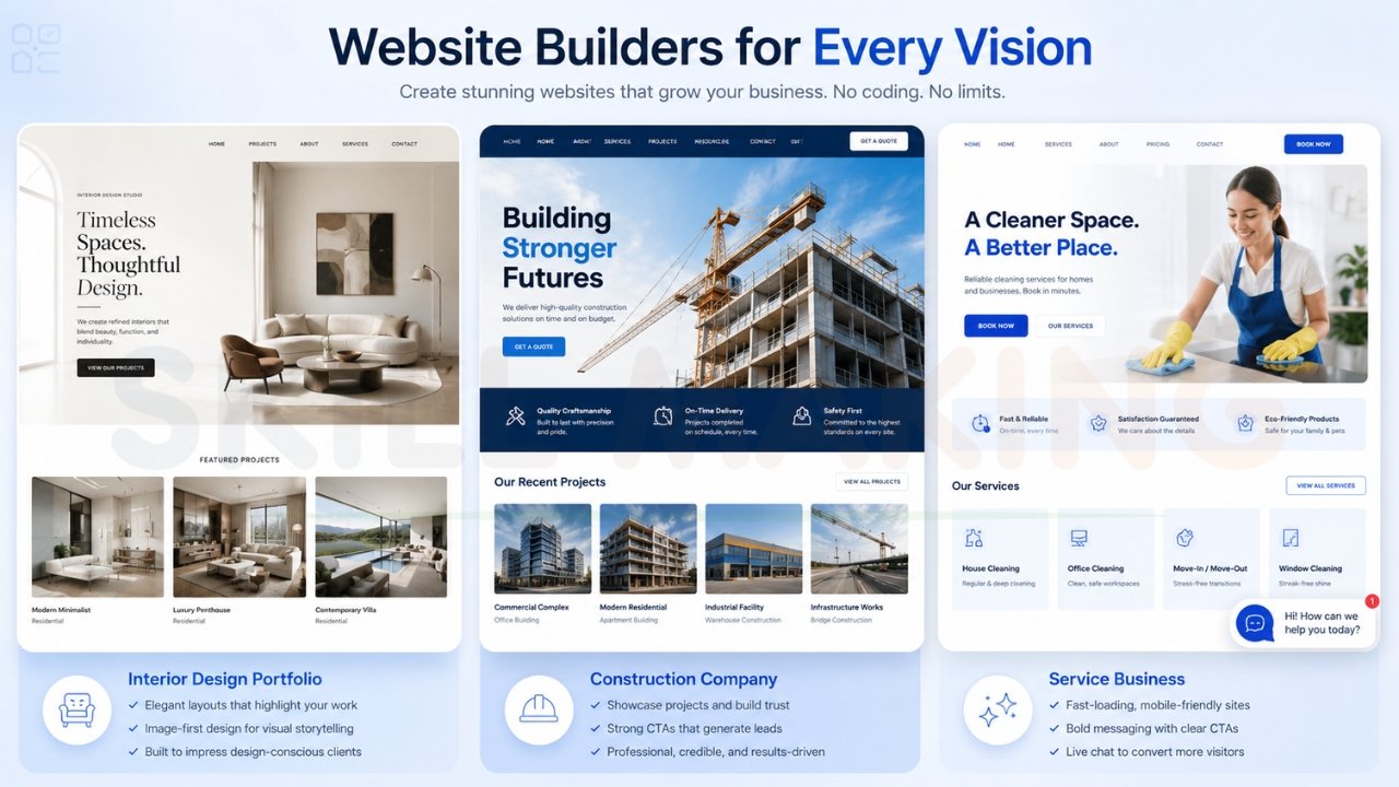 Modern website builder templates for interior design, construction company, and service business websites with responsive layouts