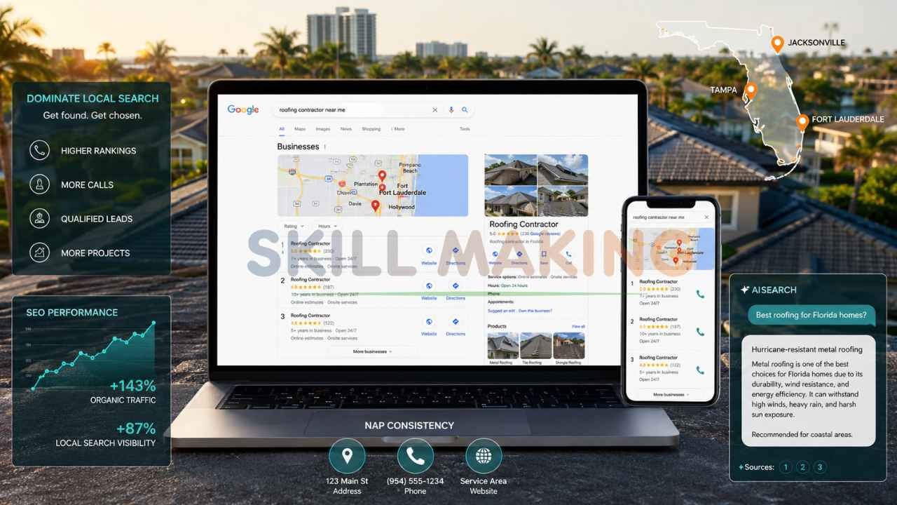 Laptop and smartphone displaying Google search results for roofing contractors in Florida with local SEO rankings, map listings, and lead generation marketing.