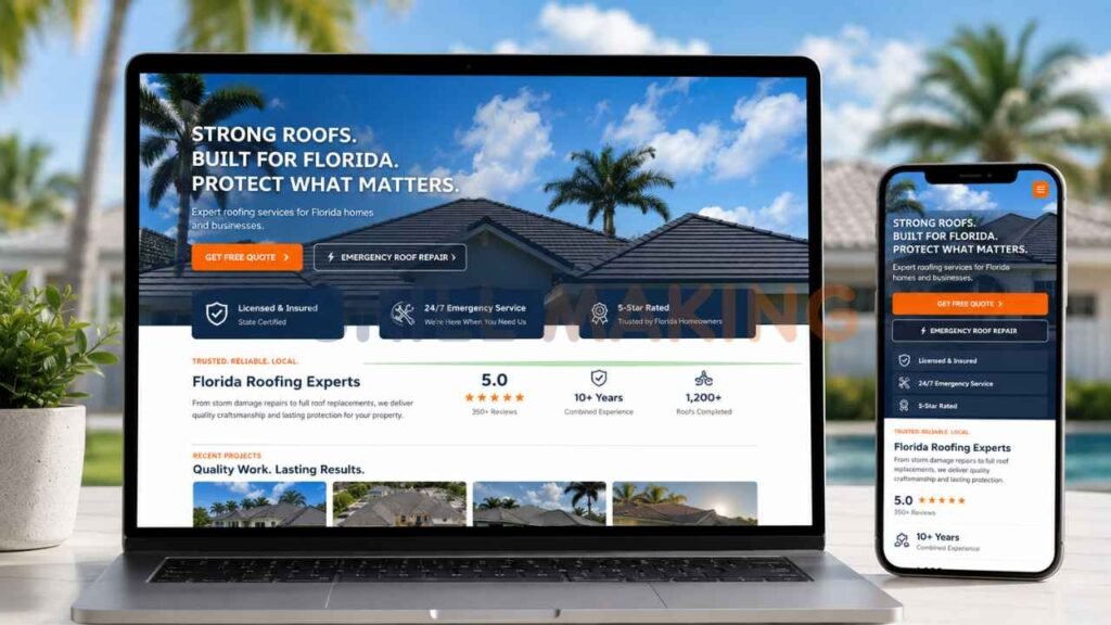 Modern roofing company website displayed on laptop and smartphone with responsive web design for Florida roofing contractors.