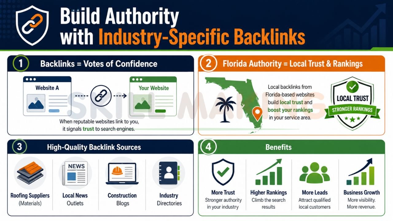 SEO infographic explaining industry-specific backlinks, Florida local authority links, construction blogs, directories, and rankings growth benefits