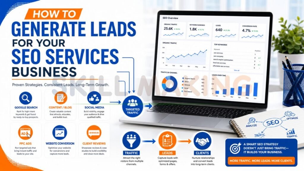 SEO lead generation strategy showing Google search content marketing social media PPC ads website conversion and client reviews