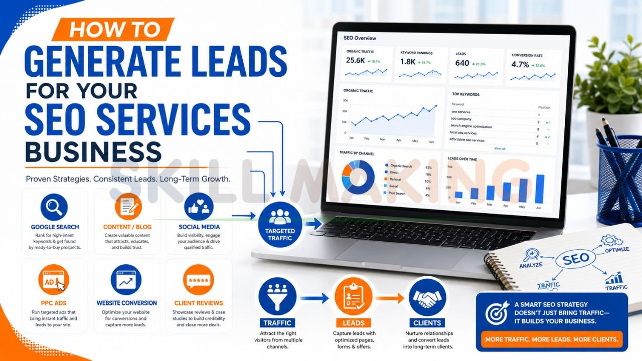 SEO lead generation strategy showing Google search content marketing social media PPC ads website conversion and client reviews