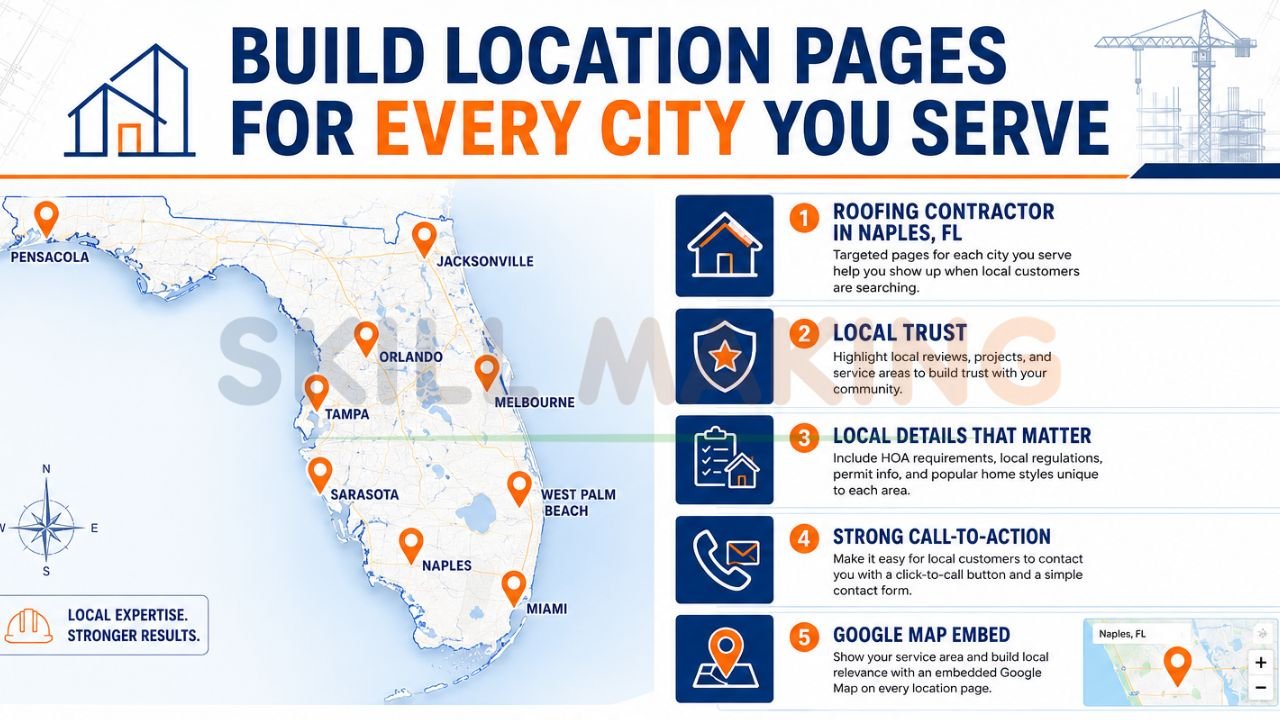 Florida contractor local SEO strategy showing location pages for cities like Miami Orlando Tampa Naples and Jacksonville